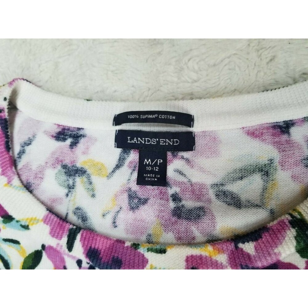 Lands' End Womens Size M/P Pullover Top Boat Neckline Cotton Floral Purple White